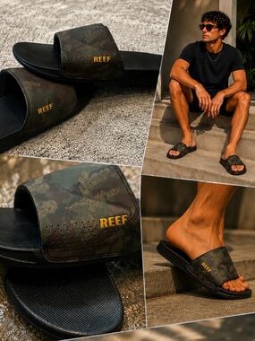 Men’s REEF Camo Slide Sandals Size 13 Never Worn Green/Brown/Black